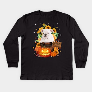 White English Bulldog Halloween Pumpkin Fall Bucket Kids Long Sleeve T-Shirt